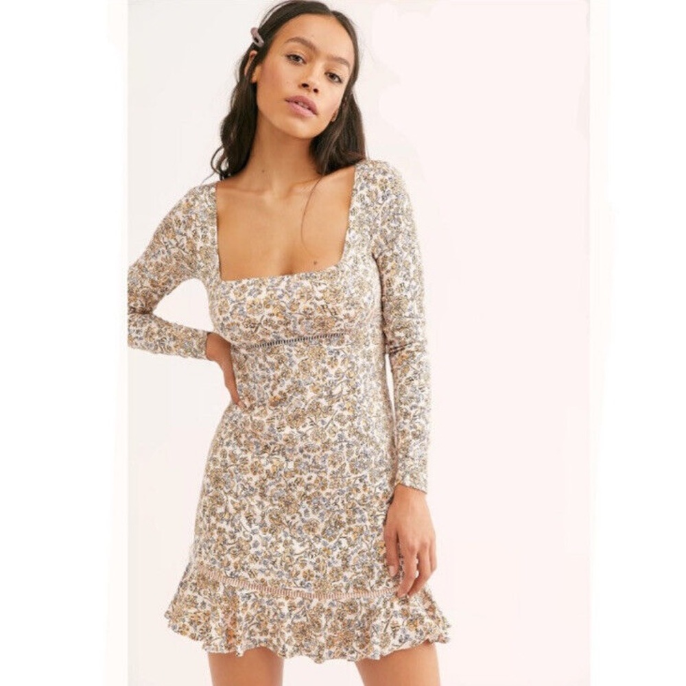 NWT Free People Mini Dress Baby Pink Square Neck Floral A Line Boho Cottagecore